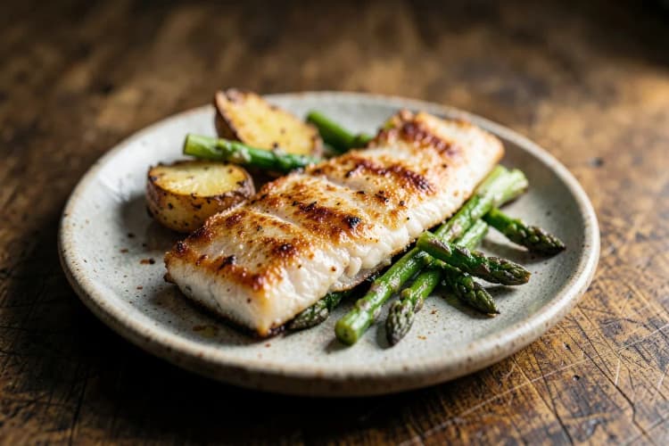Um prato com peixe assado, aspargos e batatas, com foco nos ingredientes frescos.