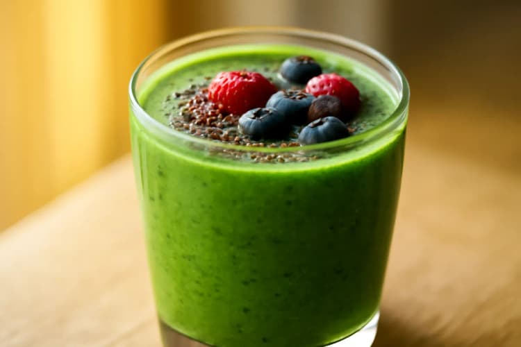 Um copo de smoothie verde com sementes de chia e frutas vermelhas por cima, em uma mesa de madeira.