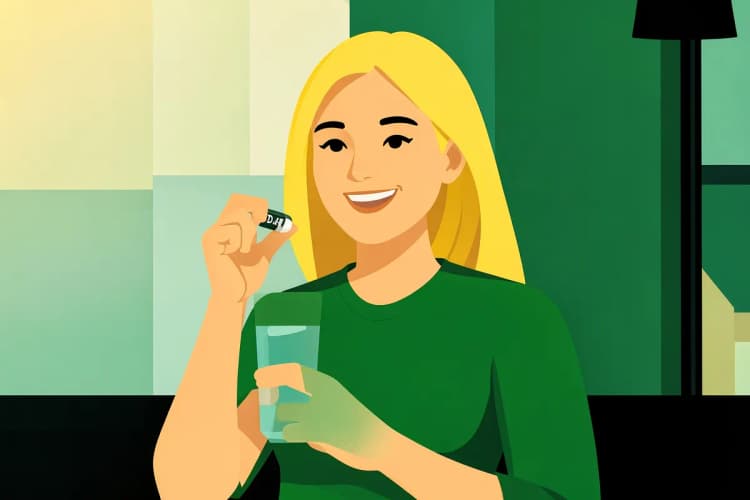 Uma pessoa sorrindo enquanto toma um comprimido de vitamina D e K2 com um copo de água.