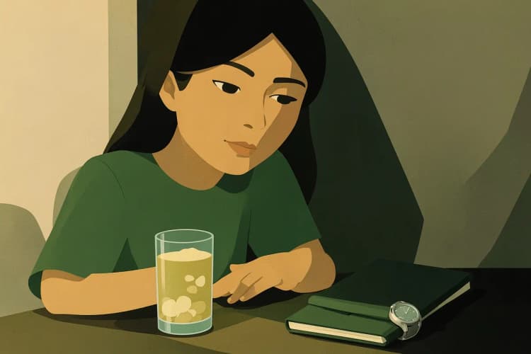 Mulher pensativa olhando para um copo com suplemento de colágeno em pó dissolvido em água, com um relógio e um caderno ao lado.