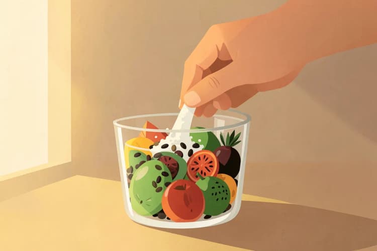 Mãos misturando colágeno em pó com frutas e sementes em um copo, com um fio de luz vindo da janela.