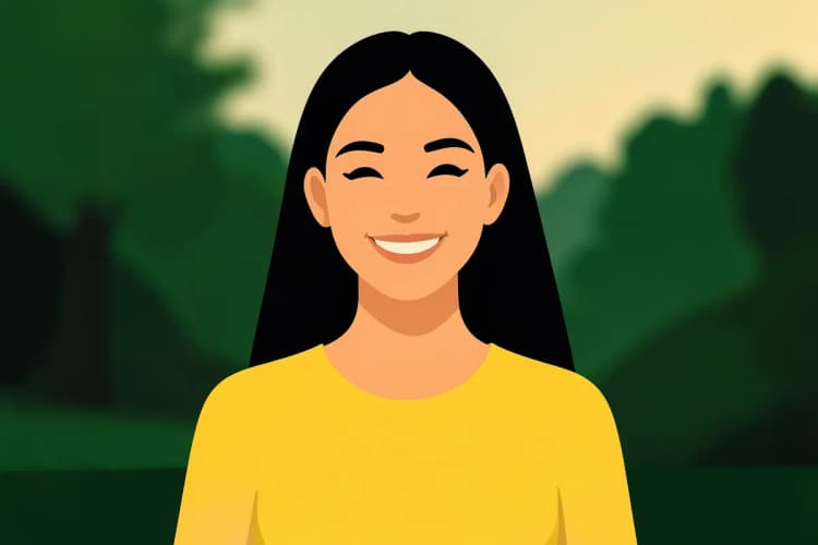 Mulher com pele radiante sorrindo, com um fundo desfocado de natureza.