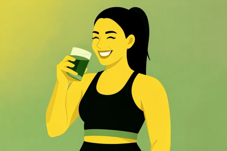 Mulher com roupas de ginástica sorrindo e segurando um copo com creatina, em plano médio, com luz de academia vinda da frente, em um momento de consumo.