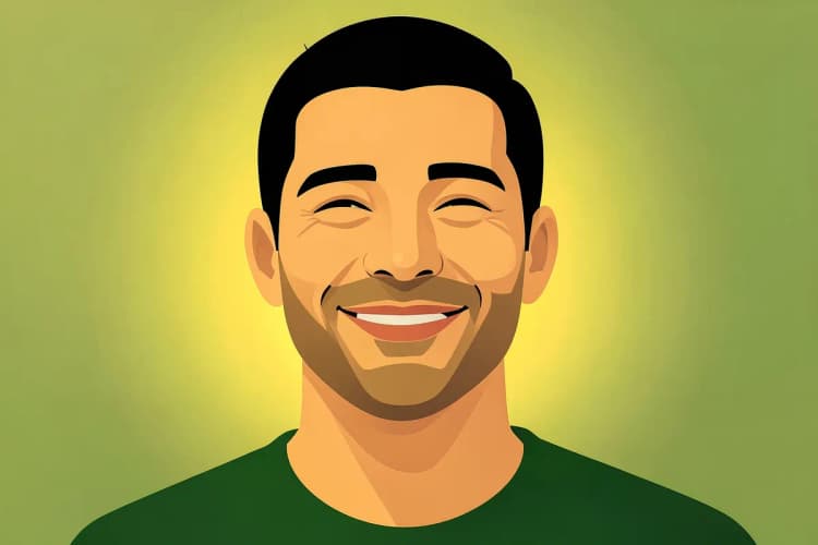 Homem com expressão de satisfação após tomar creatina, em close-up, com luz natural vinda de trás, em um momento de bem-estar.